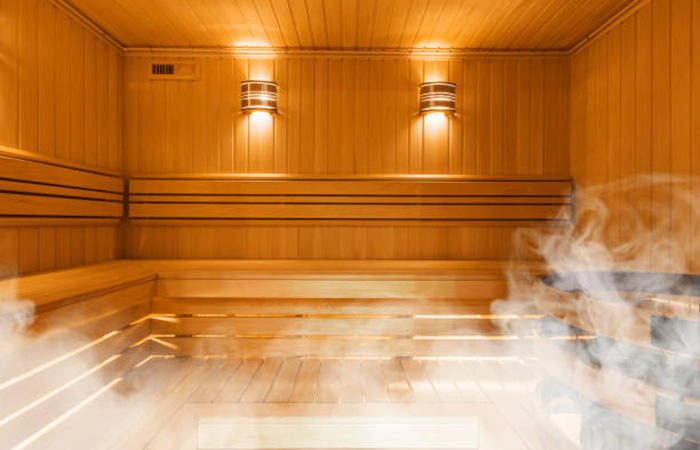 Interior of Finnish sauna, classic wooden sauna, Finnish bathroom